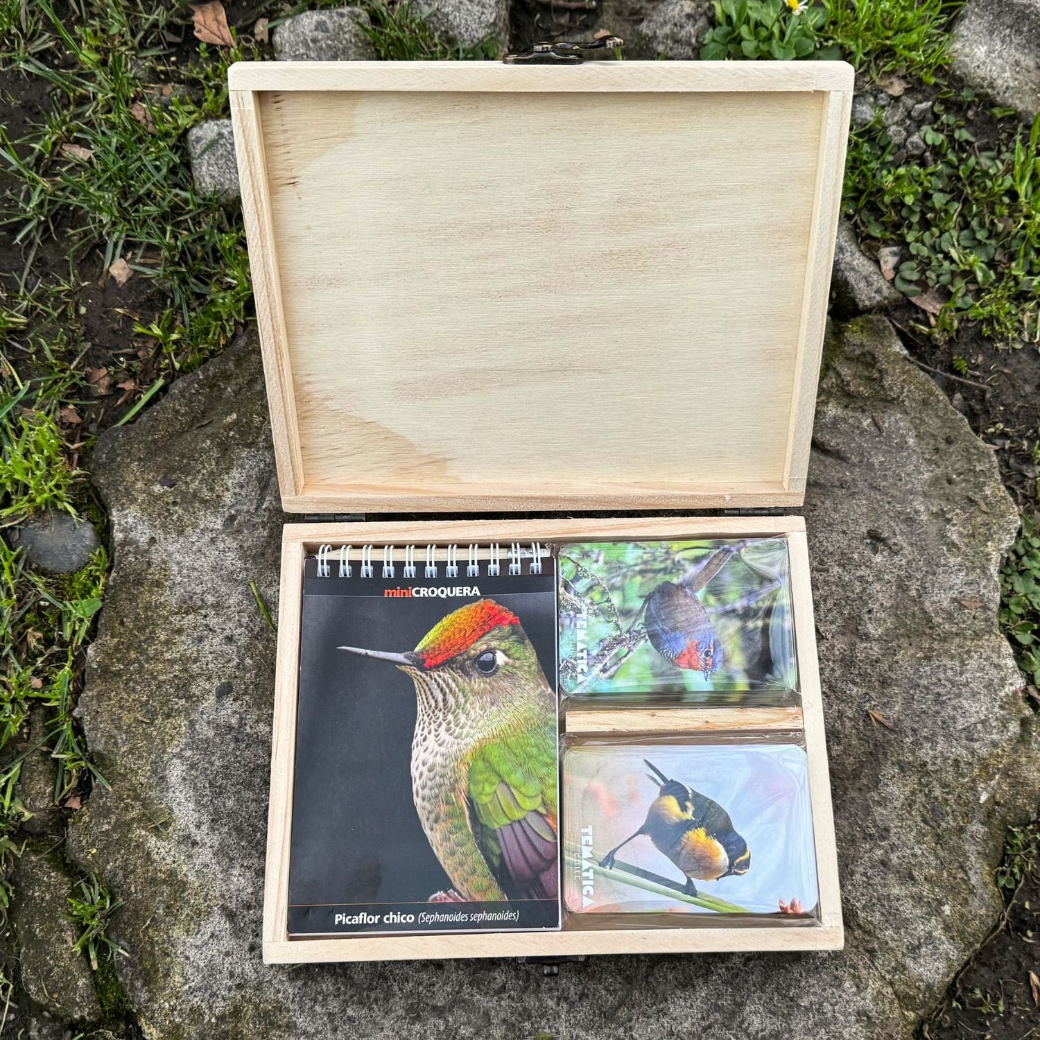 Juego de naipes Aves de Chile + mini croquera con estuche de madera