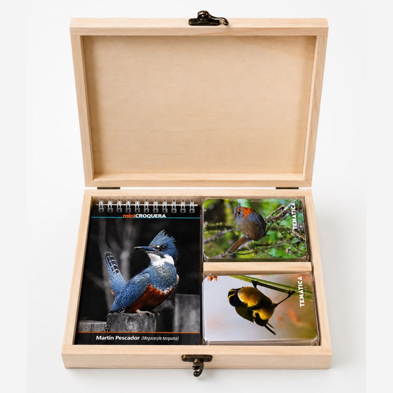 Juego de naipes Aves de Chile + mini croquera con estuche de madera